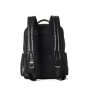 back of black backpack with vegan leather straps on a white background