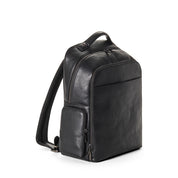 Side shot of black vegan leather backpack on a white background