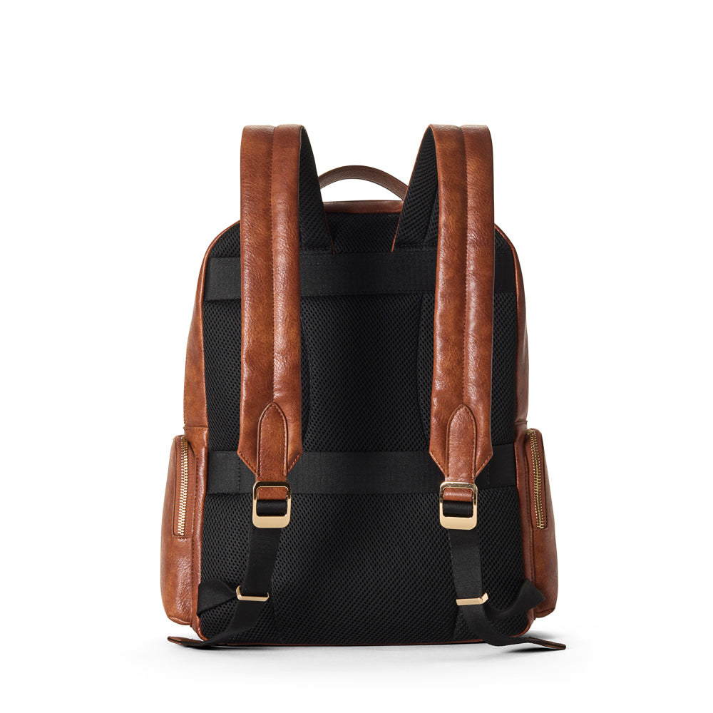 Brown leather backpack with black mesh back on a white background