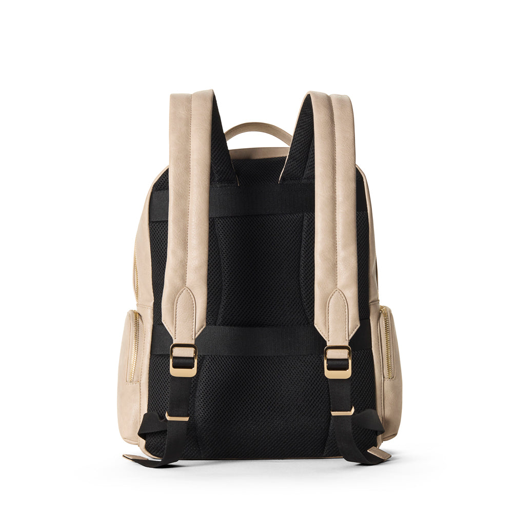 Beige leather backpack on a white background