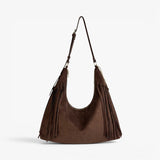 JACKIE Faux Suede Hobo Fringe Bag - Chocolate