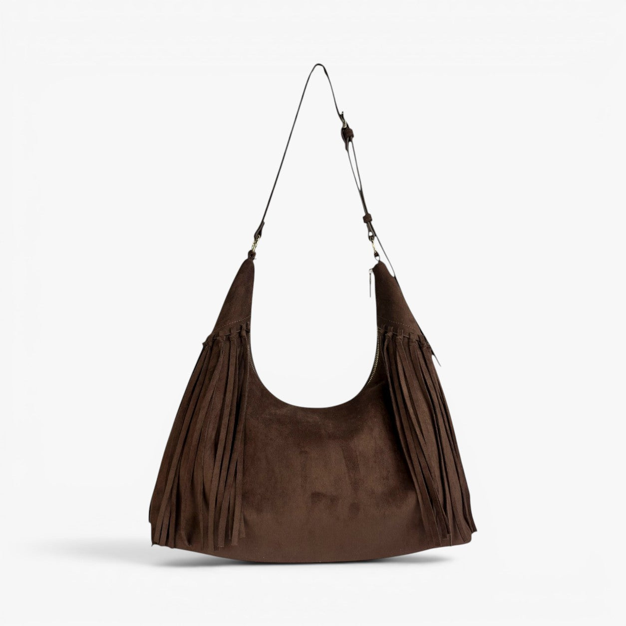 JACKIE Faux Suede Hobo Fringe Bag - Chocolate