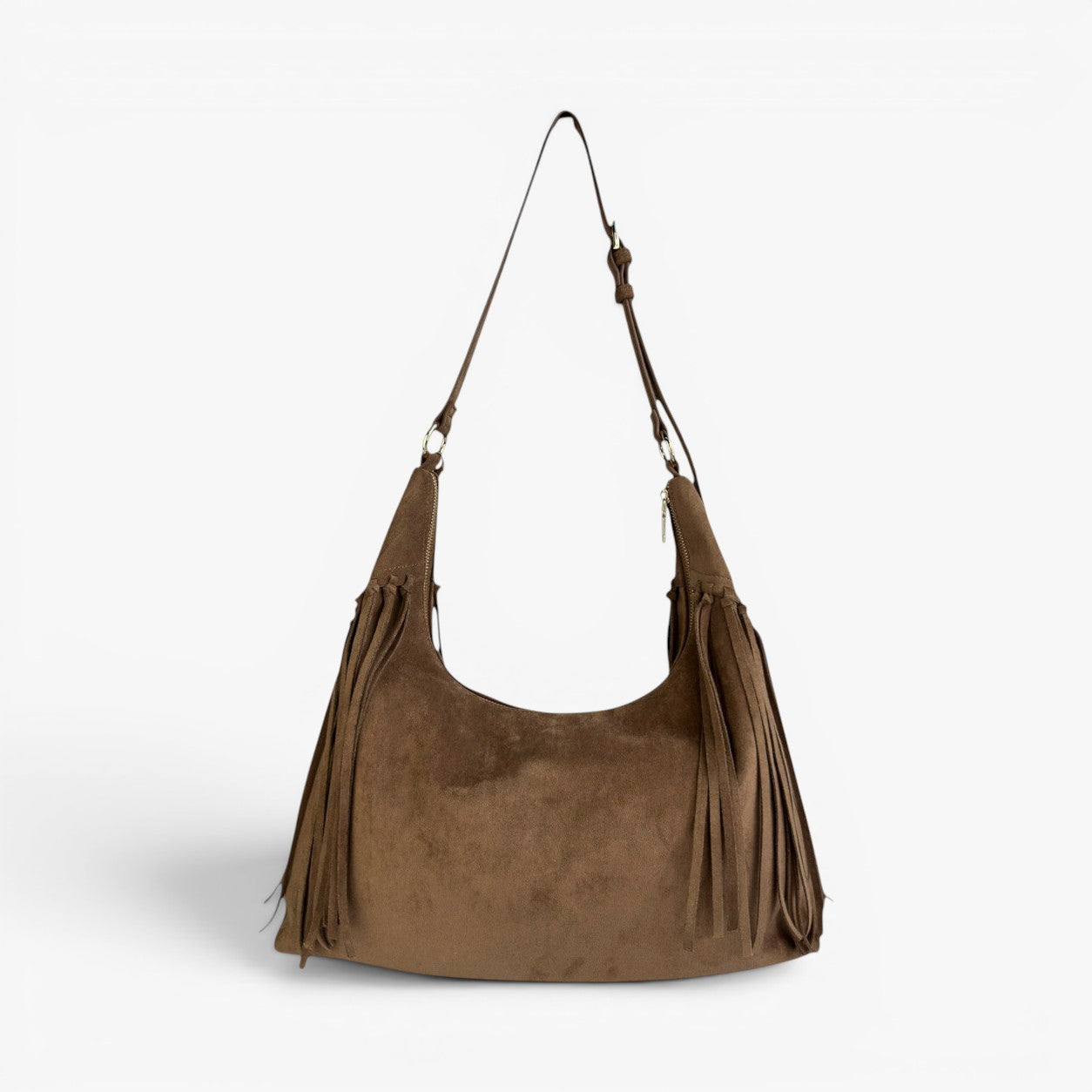 JACKIE Faux Suede Hobo Fringe Bag - Mocha