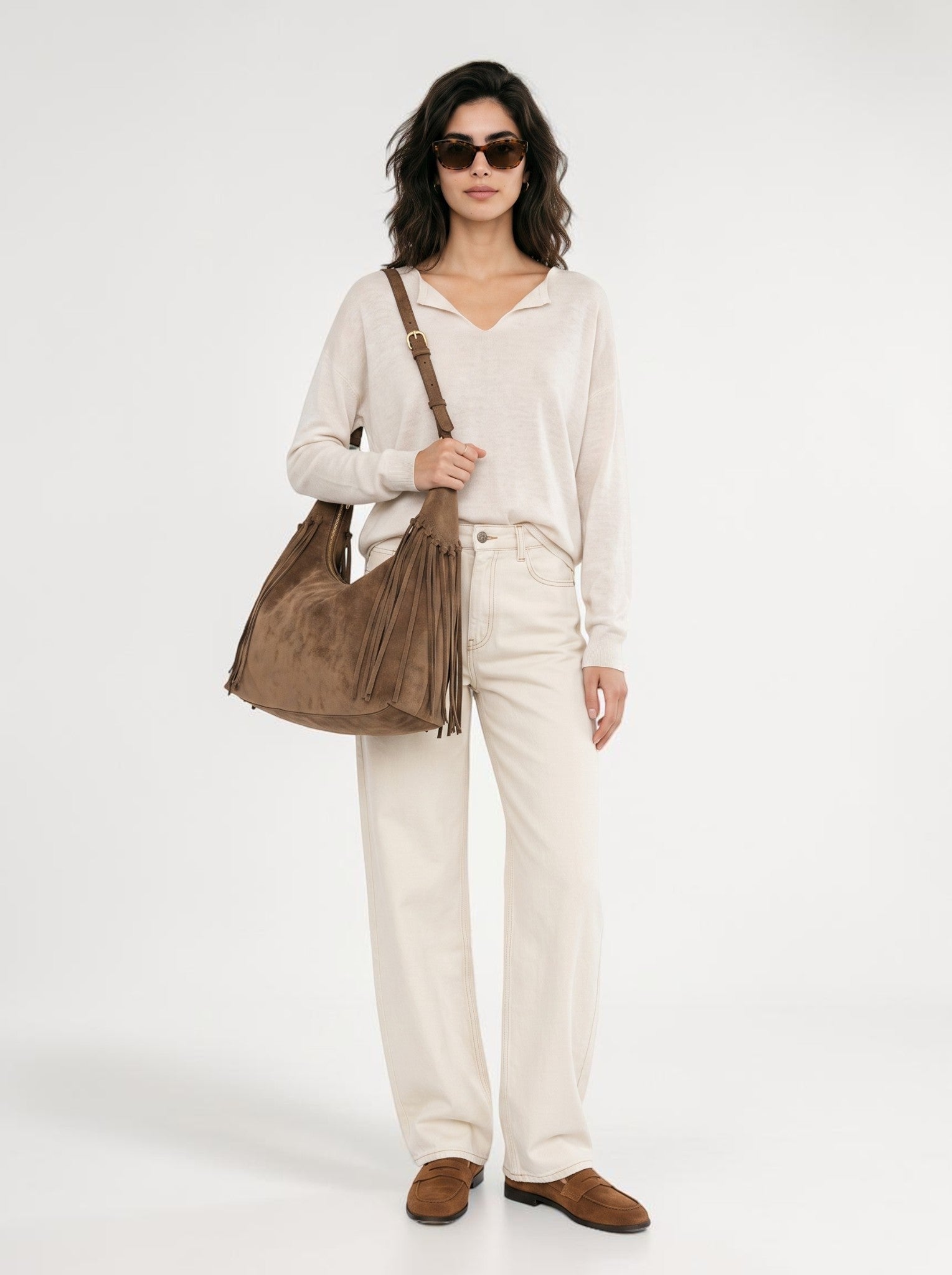 JACKIE Faux Suede Hobo Fringe Bag - Mocha