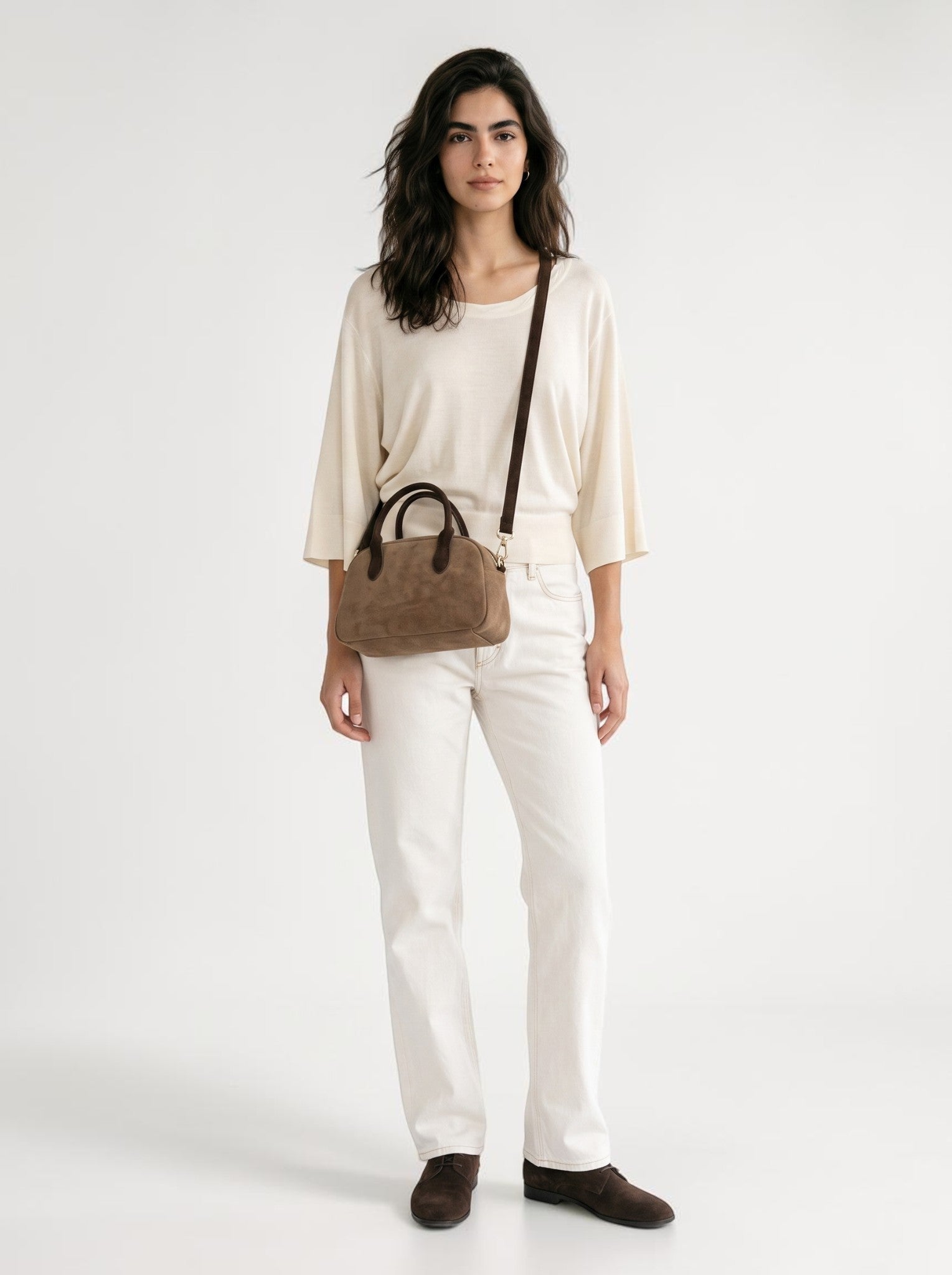 KYLA Faux Suede Mini Bowler Bag - Mocha