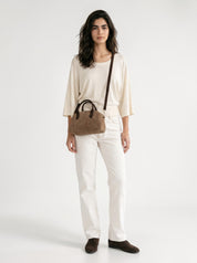 KYLA Faux Suede Mini Bowler Bag - Mocha