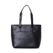 Black leather tote bag on a white background