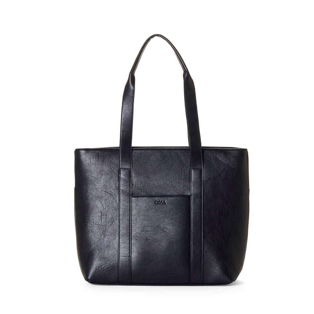 Black leather tote bag on a white background