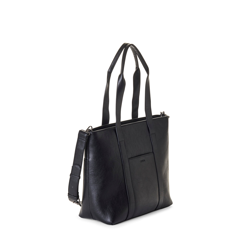 Black handbag with a strap on a white background