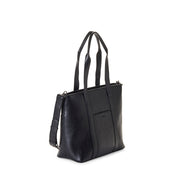 Black handbag with a strap on a white background