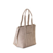 Beige tote bag with shoulder straps on a white background