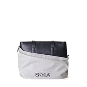 Gray duster bag with 'SKYLA' branding on a white background