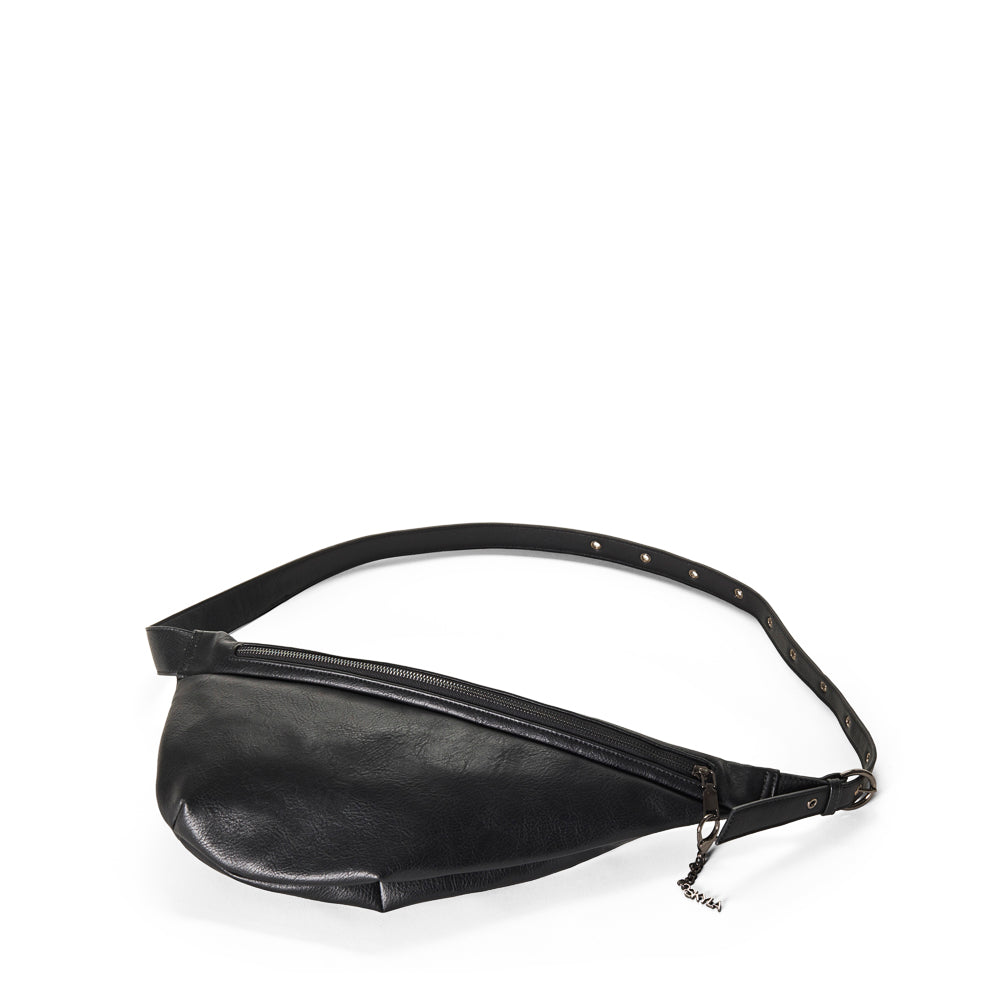 Black leather waist shoulder belt bag on a white background