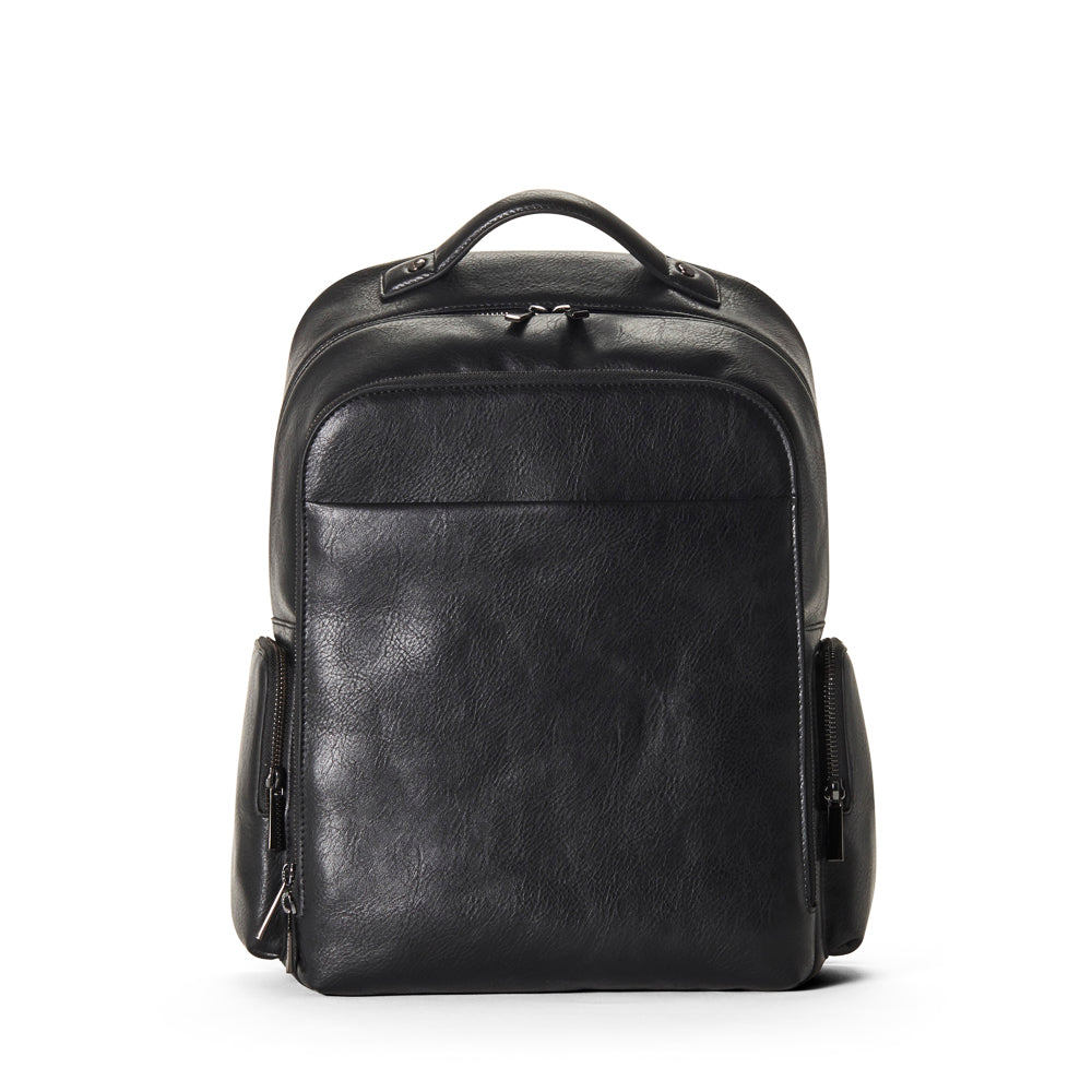 Black vegan leather backpack on a white background