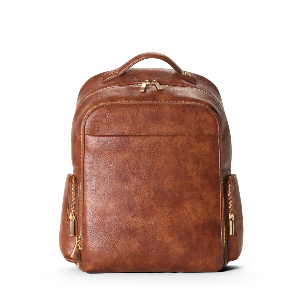 Brown vegan leather backpack on a white background