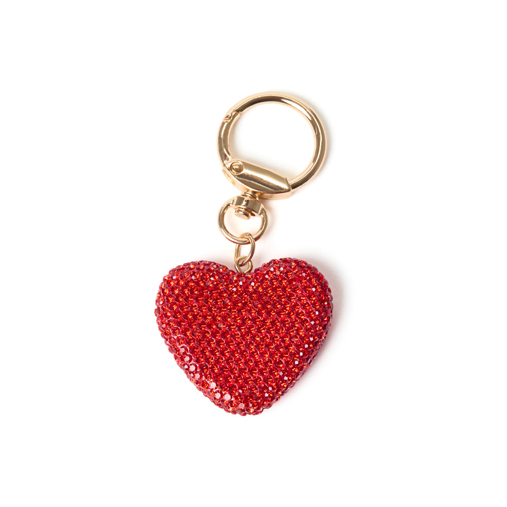 Red heart-shaped bag charm and keychain with gold clasp on a white background
