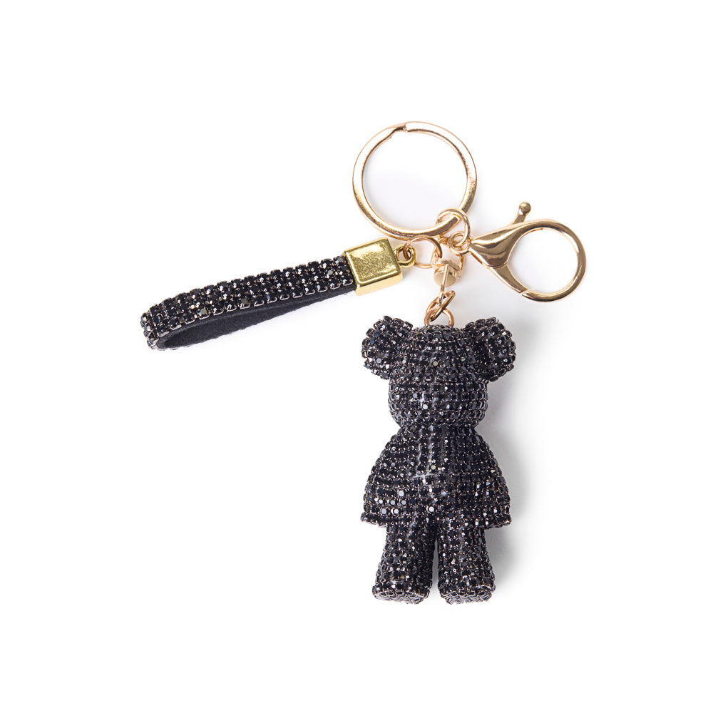 black rhinestone bear bag charm and keychain with gold clasp and matching strap