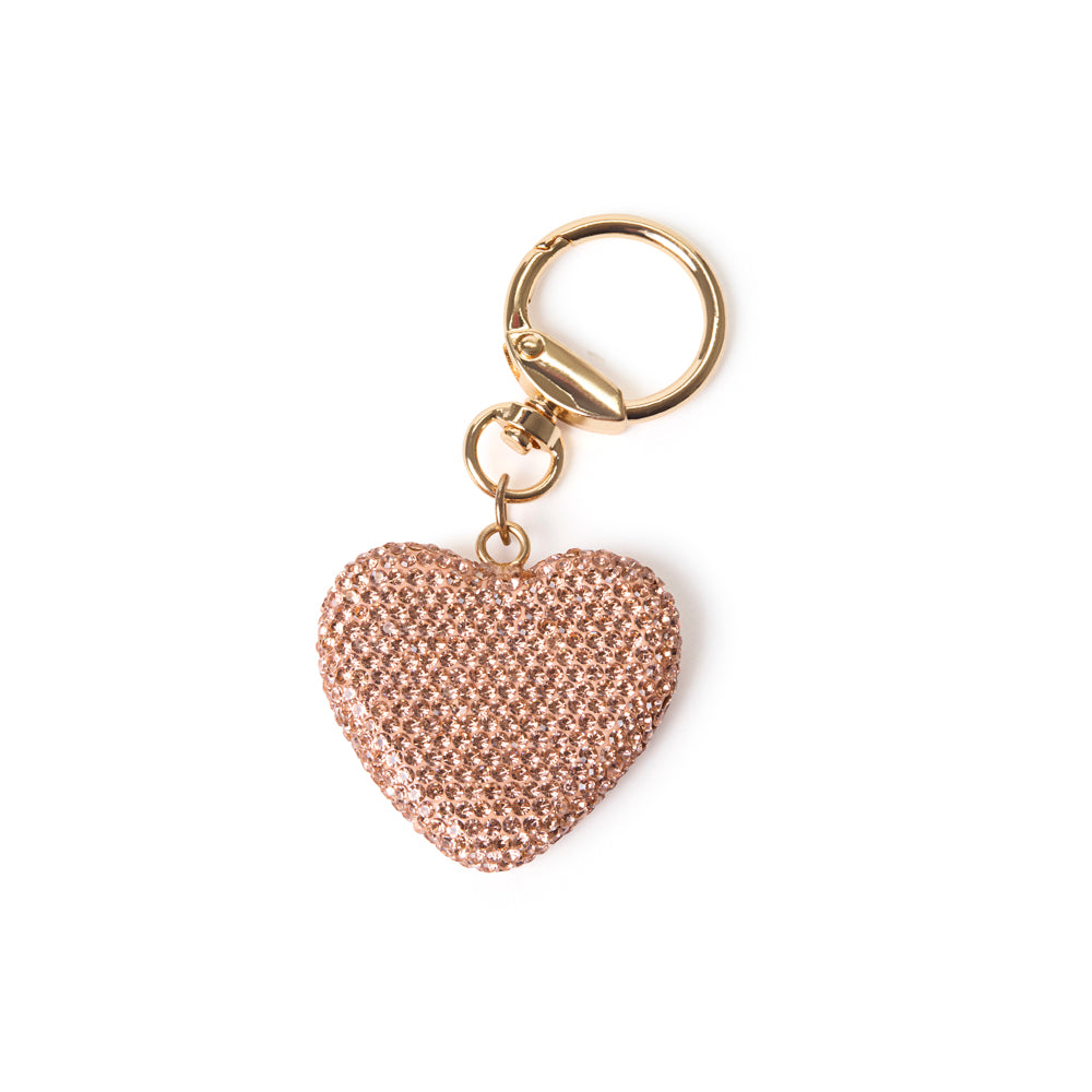 Heart-shaped keychain with rose gold finish on a white background